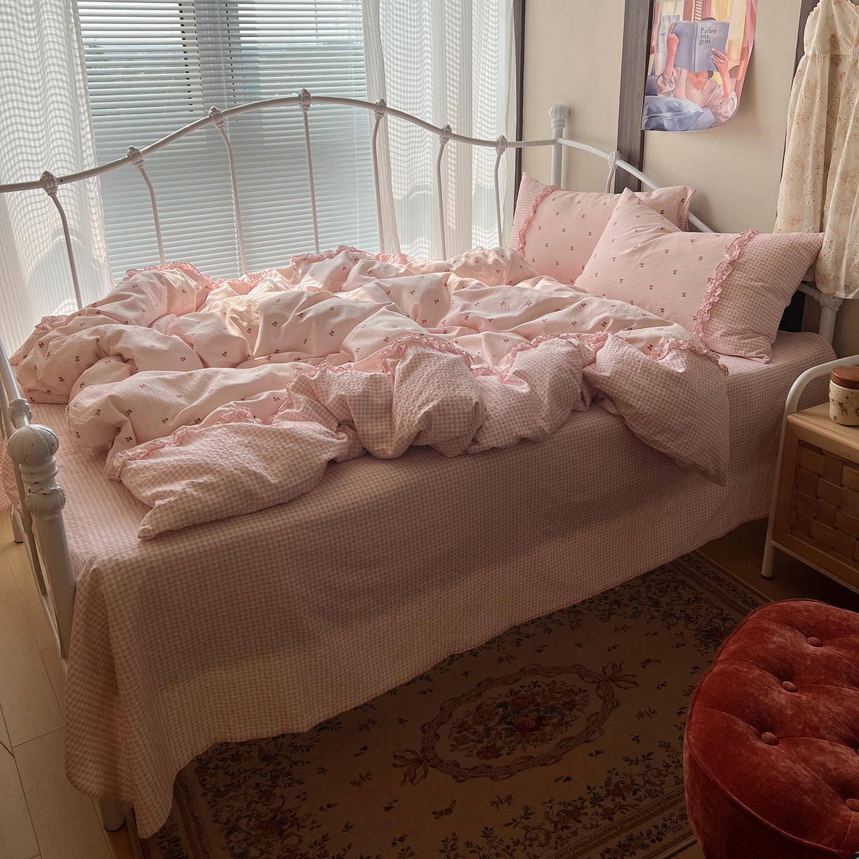 91家纺网 家纺一手货源 找家纺 繁花家居 2026殷桃晚风甜梦系列少女心拼接工艺四件套 晚风甜梦-粉