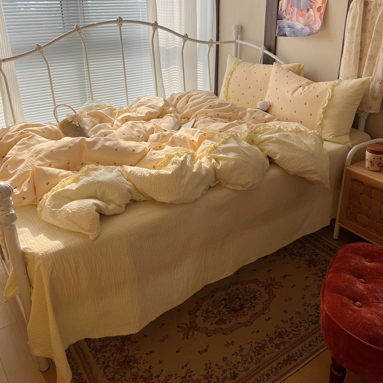 91家纺网 家纺一手货源 找家纺 繁花家居 2026殷桃晚风甜梦系列少女心拼接工艺四件套 晚风甜梦-黄