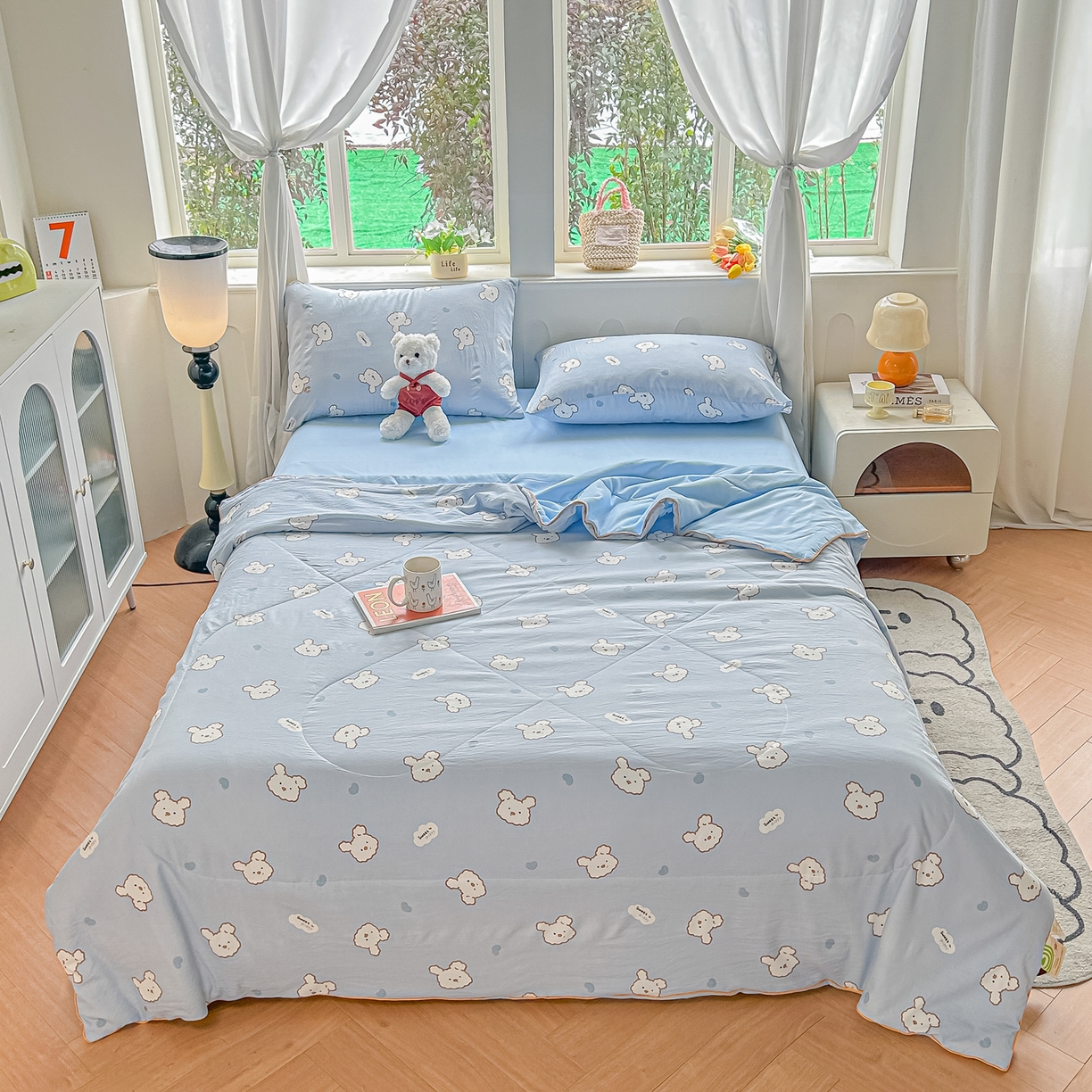 91家纺网 家纺一手货源 找家纺 富艺隆 2026新款A类水洗棉双层纱夏被空调被 皱皱纱夏凉被 萌兔轻步