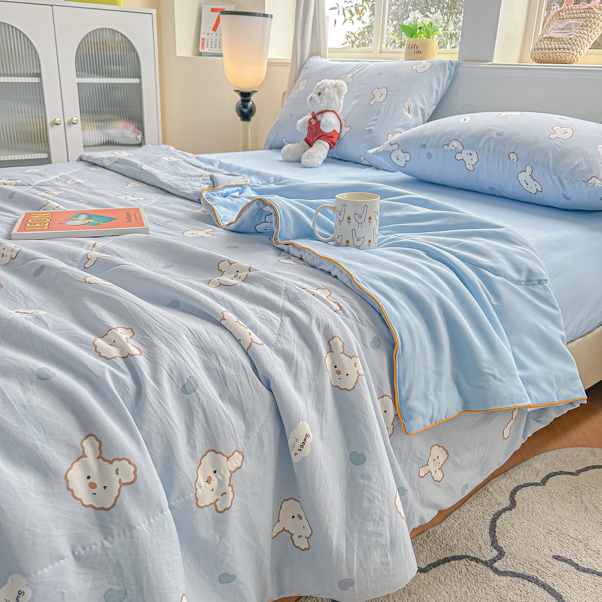 91家纺网 家纺一手货源 找家纺 富艺隆 2026新款A类水洗棉双层纱夏被空调被 皱皱纱夏凉被 萌兔轻步