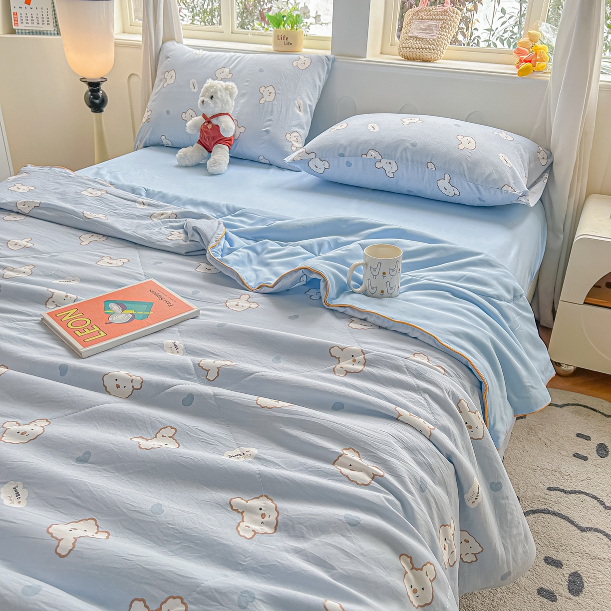 91家纺网 家纺一手货源 找家纺 富艺隆 2026新款A类水洗棉双层纱夏被空调被 皱皱纱夏凉被 萌兔轻步