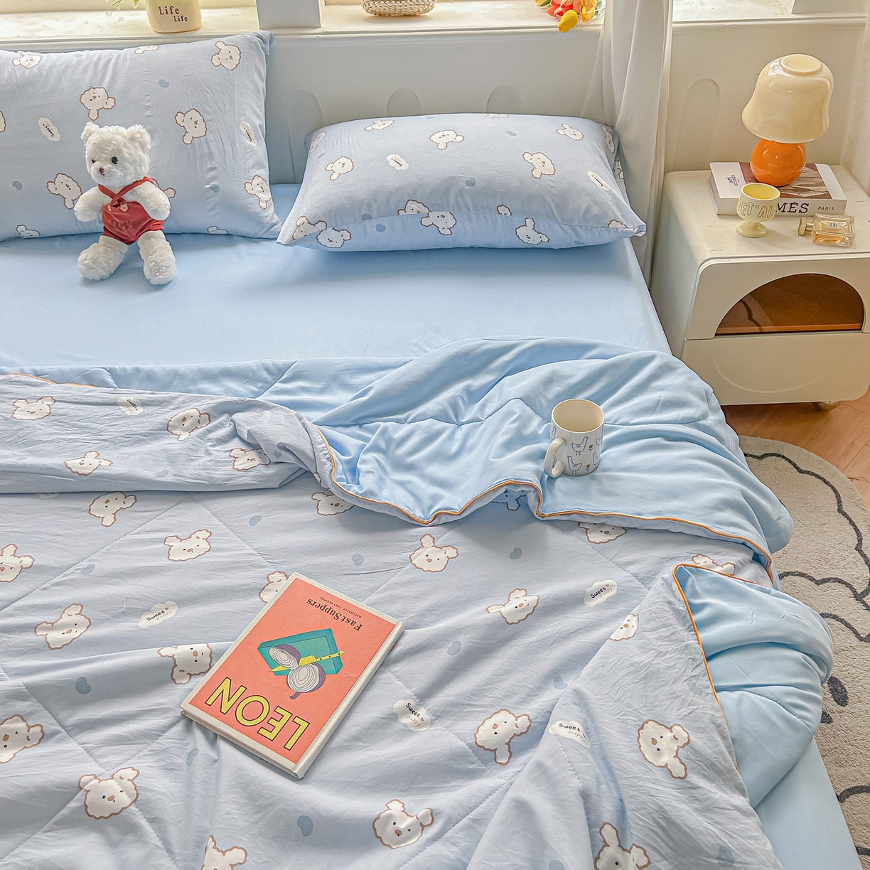 91家纺网 家纺一手货源 找家纺 富艺隆 2026新款A类水洗棉双层纱夏被空调被 皱皱纱夏凉被 萌兔轻步