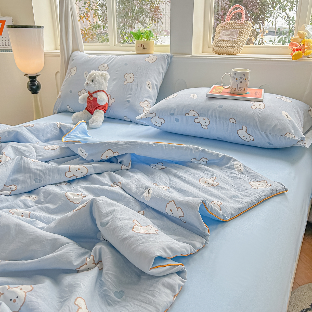 91家纺网 家纺一手货源 找家纺 富艺隆 2026新款A类水洗棉双层纱夏被空调被 皱皱纱夏凉被 萌兔轻步