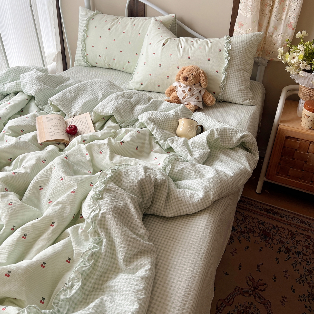 繁花家居 2026殷桃晚风甜梦系列少女心拼接工艺四件套 晚风甜梦-绿