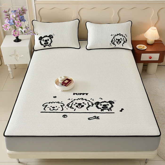 91家纺网 家纺一手货源 找家纺 炫拼家纺 2026新款A类凉豆豆华夫格卡通绣花床笠席 随意的狗