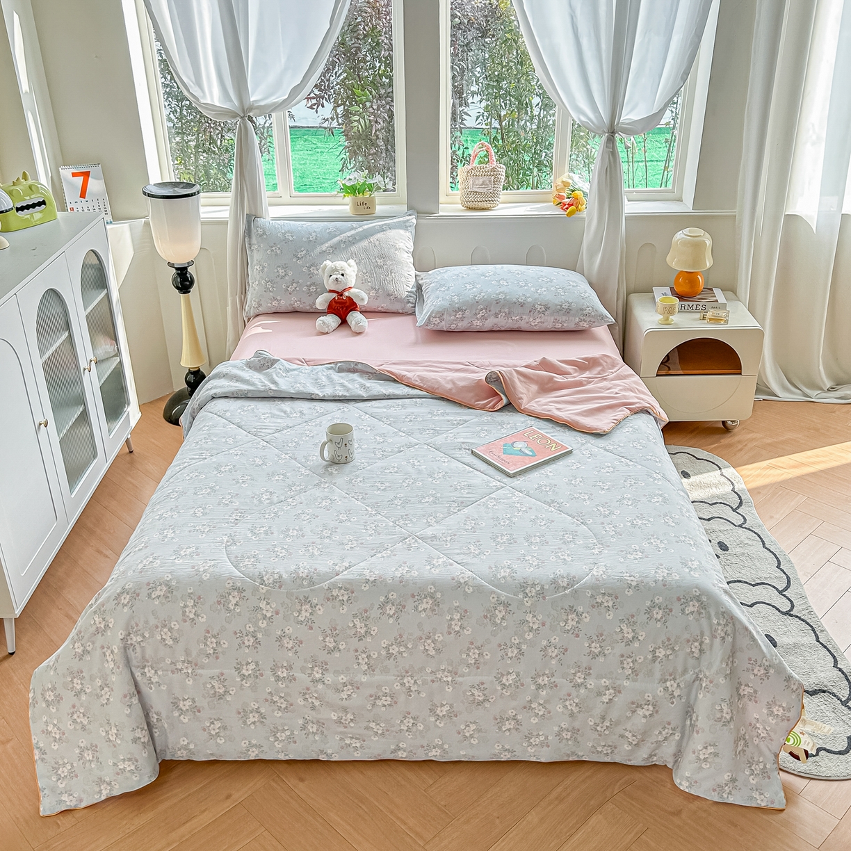 91家纺网 家纺一手货源 找家纺 富艺隆 2026新款A类水洗棉双层纱夏被空调被 皱皱纱夏凉被 气泡蓝莓