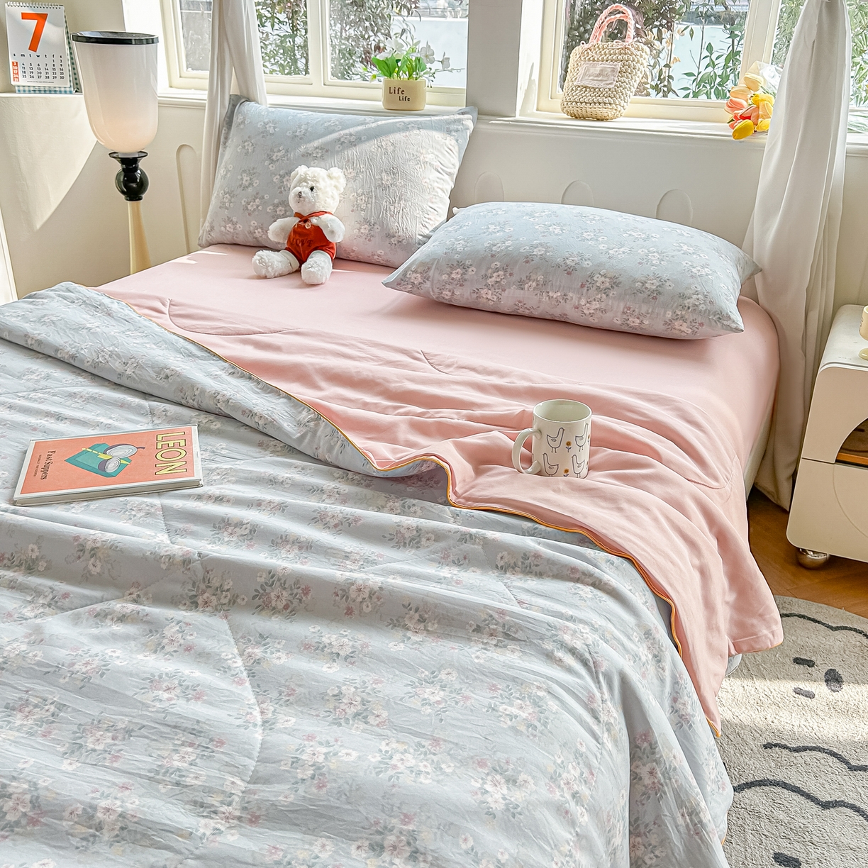 91家纺网 家纺一手货源 找家纺 富艺隆 2026新款A类水洗棉双层纱夏被空调被 皱皱纱夏凉被 气泡蓝莓