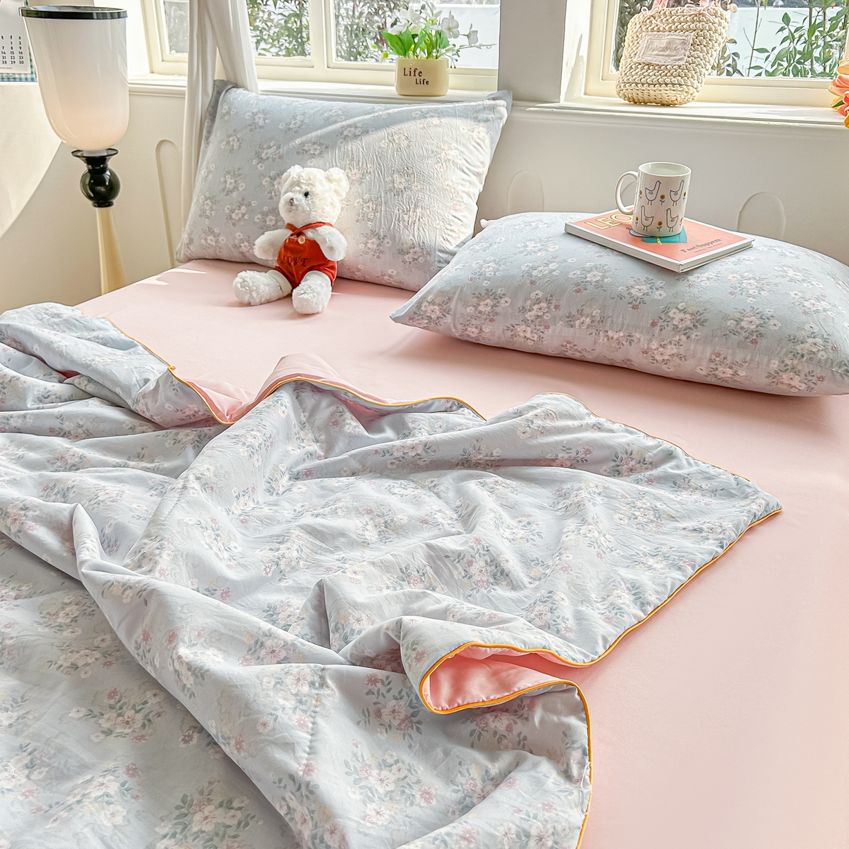 91家纺网 家纺一手货源 找家纺 富艺隆 2026新款A类水洗棉双层纱夏被空调被 皱皱纱夏凉被 气泡蓝莓