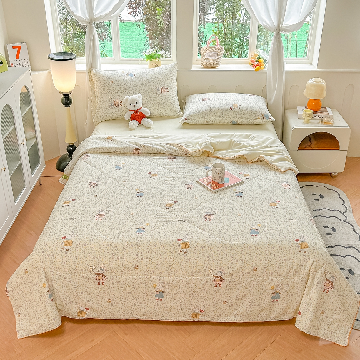 91家纺网 家纺一手货源 找家纺 富艺隆 2026新款A类水洗棉双层纱夏被空调被 皱皱纱夏凉被 小兔莉莉