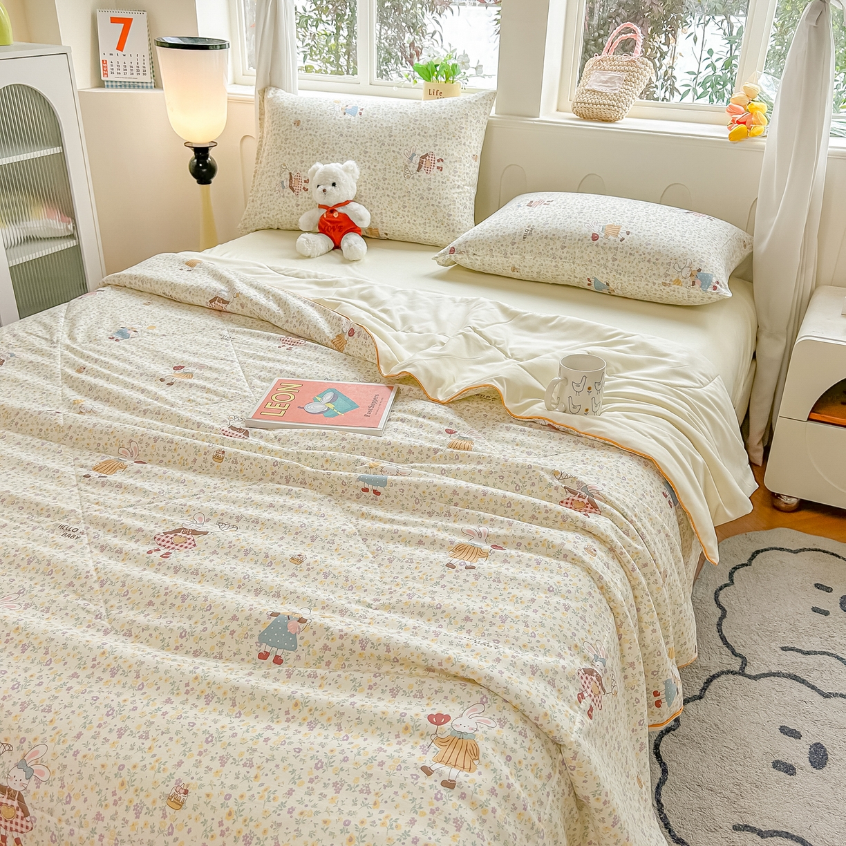 91家纺网 家纺一手货源 找家纺 富艺隆 2026新款A类水洗棉双层纱夏被空调被 皱皱纱夏凉被 小兔莉莉