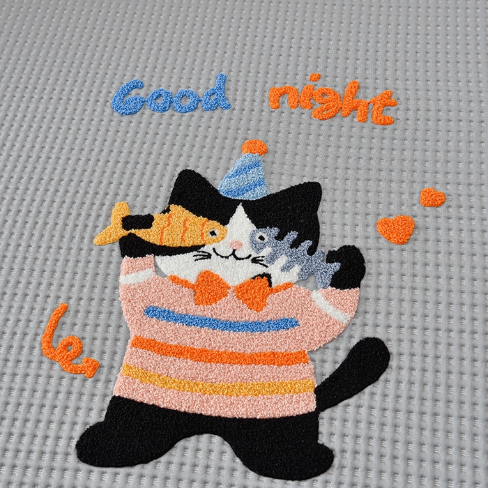 91家纺网 家纺一手货源 找家纺 炫拼家纺 2026新款A类凉豆豆华夫格卡通绣花床笠席 爱吃鱼的猫