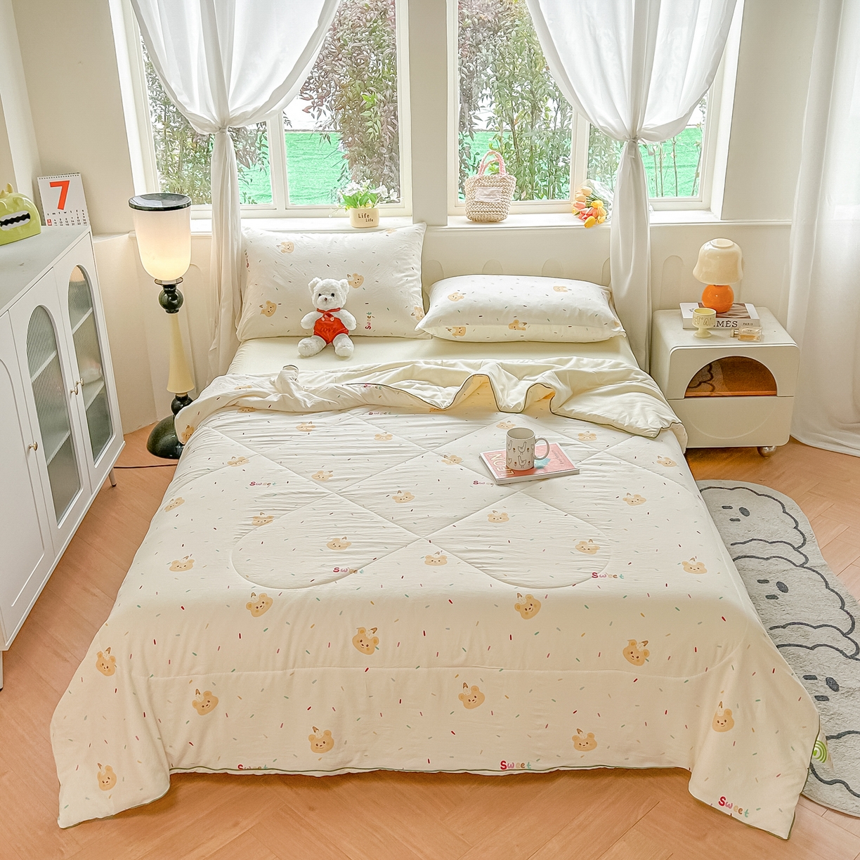 91家纺网 家纺一手货源 找家纺 富艺隆 2026新款A类水洗棉双层纱夏被空调被 皱皱纱夏凉被 小熊冰淇淋