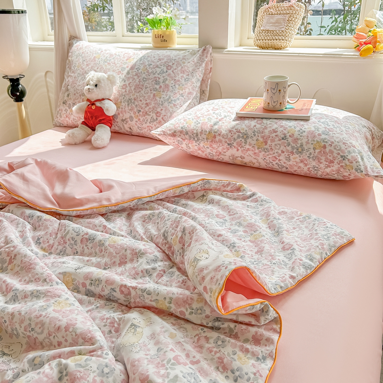 91家纺网 家纺一手货源 找家纺 富艺隆 2026新款A类水洗棉双层纱夏被空调被 皱皱纱夏凉被 幸运可爱兔