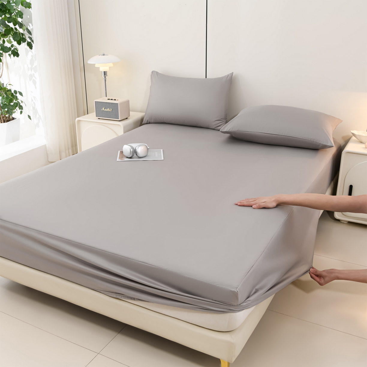 91家纺网 家纺一手货源 找家纺 预言家纺 2026新款水洗冰丝床笠款夏被四件套空调被跨境外贸床笠款 慕斯深灰