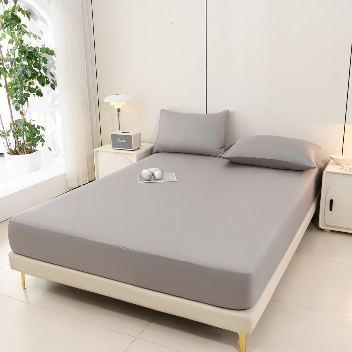 91家纺网 家纺一手货源 找家纺 预言家纺 2026新款水洗冰丝床笠款夏被四件套空调被跨境外贸床笠款 慕斯深灰