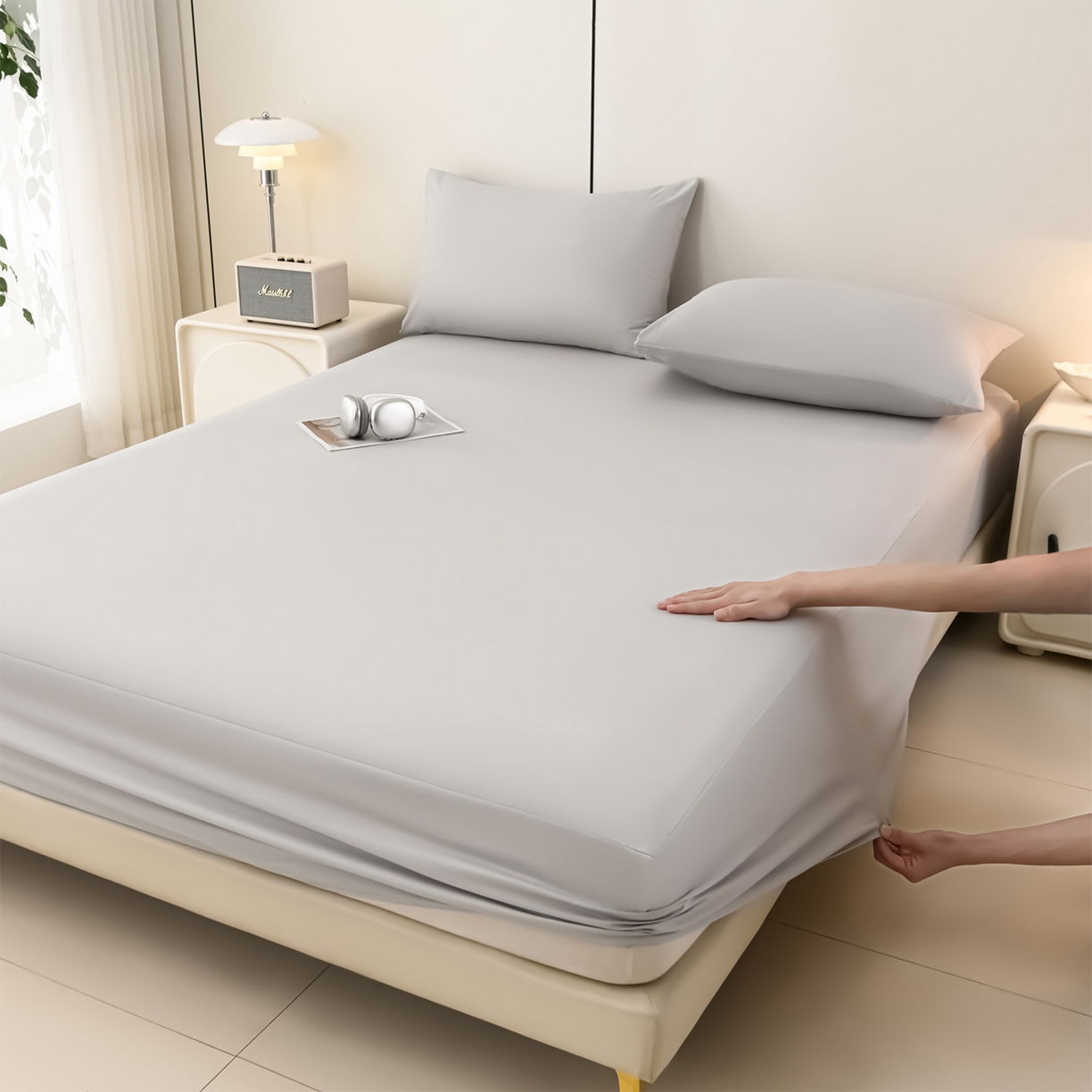 91家纺网 家纺一手货源 找家纺 预言家纺 2026新款水洗冰丝床笠款夏被四件套空调被跨境外贸床笠款 慕斯银灰