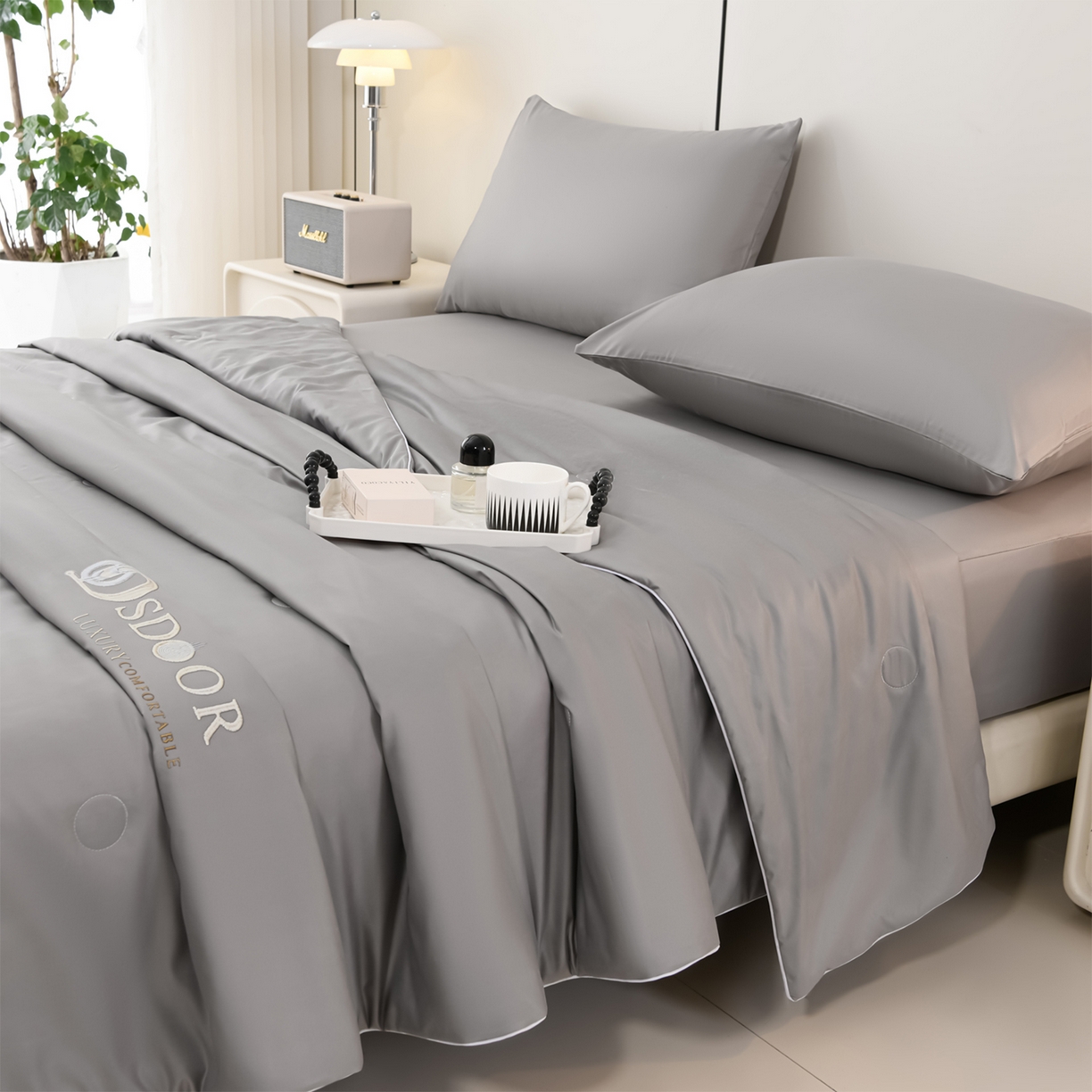 预言家纺 2026新款水洗冰丝床笠款夏被四件套空调被跨境外贸床笠款 慕斯深灰