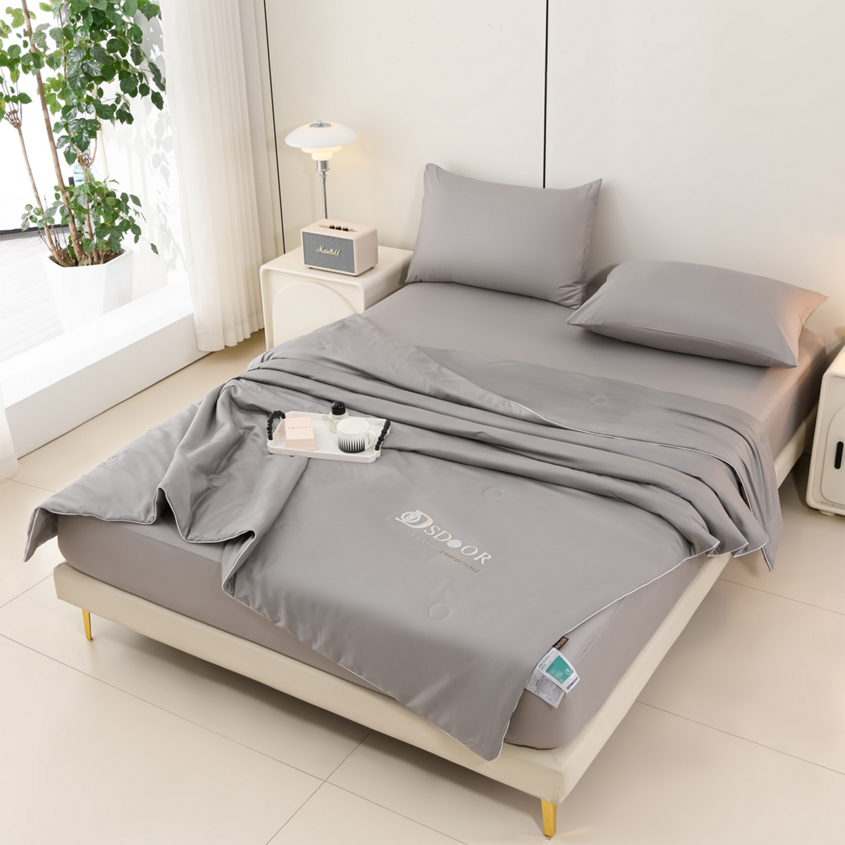 91家纺网 家纺一手货源 找家纺 预言家纺 2026新款水洗冰丝床笠款夏被四件套空调被跨境外贸床笠款 慕斯深灰