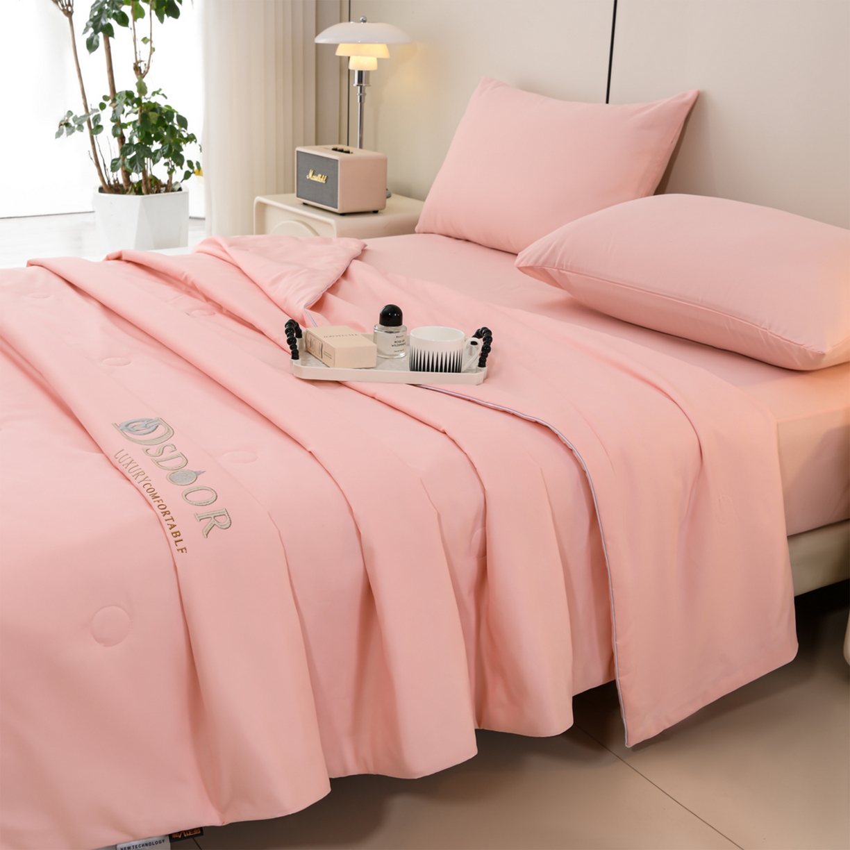 预言家纺 2026新款水洗冰丝床笠款夏被四件套空调被跨境外贸床笠款 慕斯粉