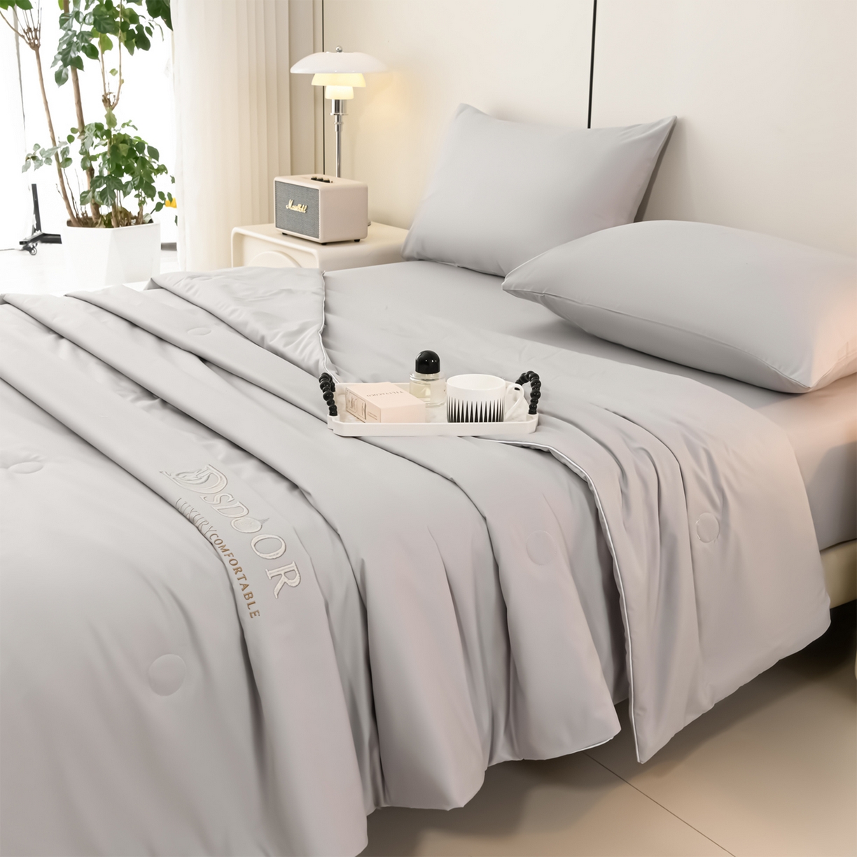 预言家纺 2026新款水洗冰丝床笠款夏被四件套空调被跨境外贸床笠款 慕斯银灰