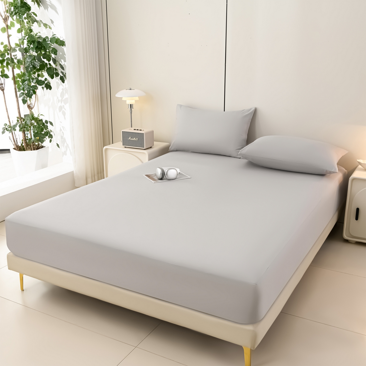 91家纺网 家纺一手货源 找家纺 预言家纺 2026新款水洗冰丝床笠款夏被四件套空调被跨境外贸床笠款 慕斯银灰