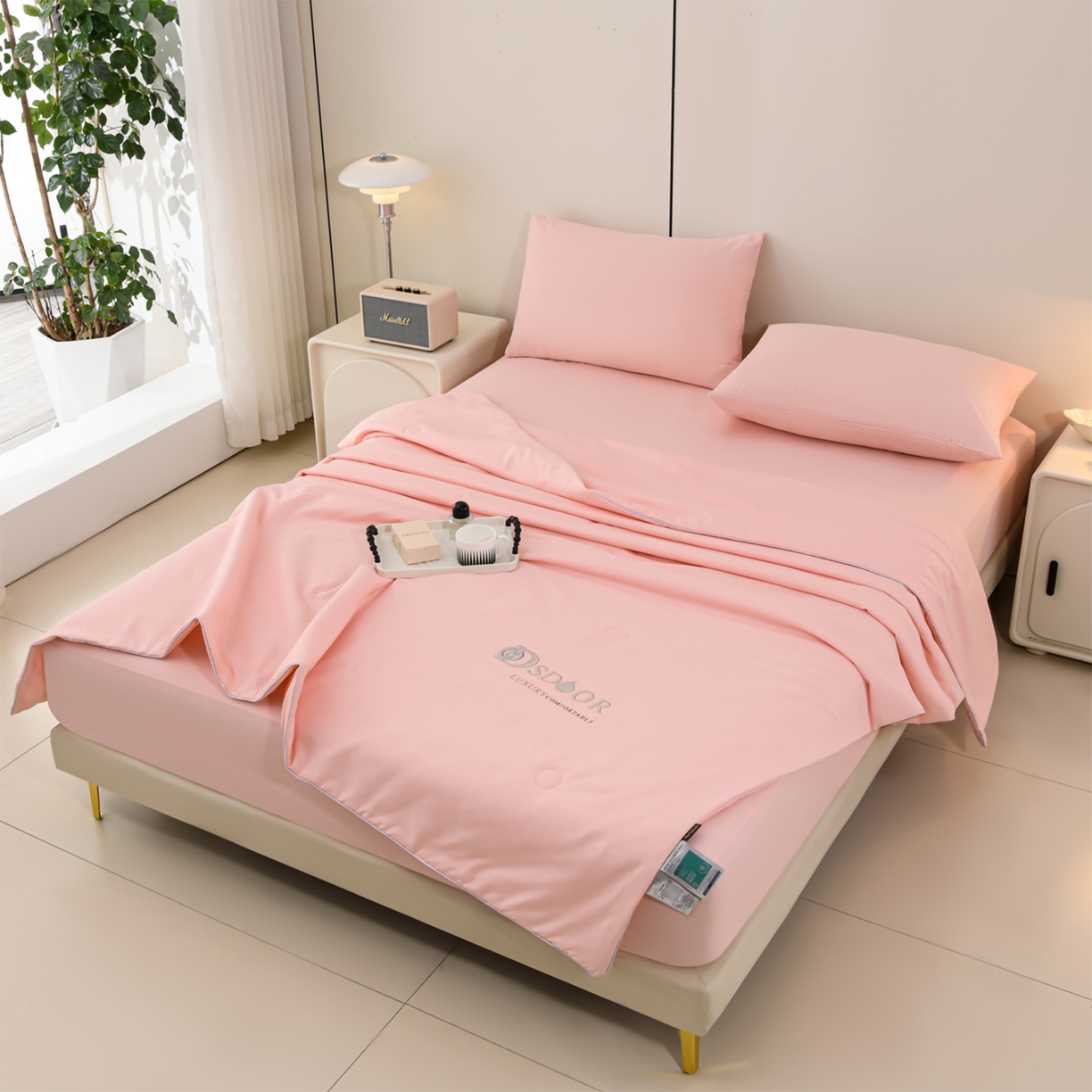 91家纺网 家纺一手货源 找家纺 预言家纺 2026新款水洗冰丝床笠款夏被四件套空调被跨境外贸床笠款 慕斯粉