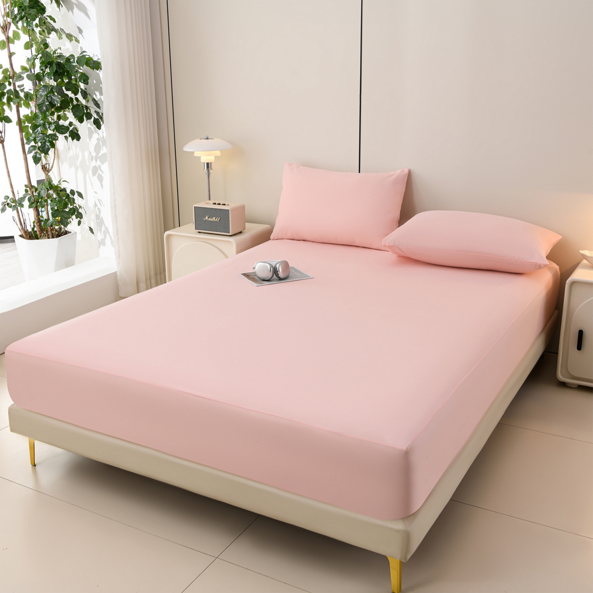 91家纺网 家纺一手货源 找家纺 预言家纺 2026新款水洗冰丝床笠款夏被四件套空调被跨境外贸床笠款 慕斯粉