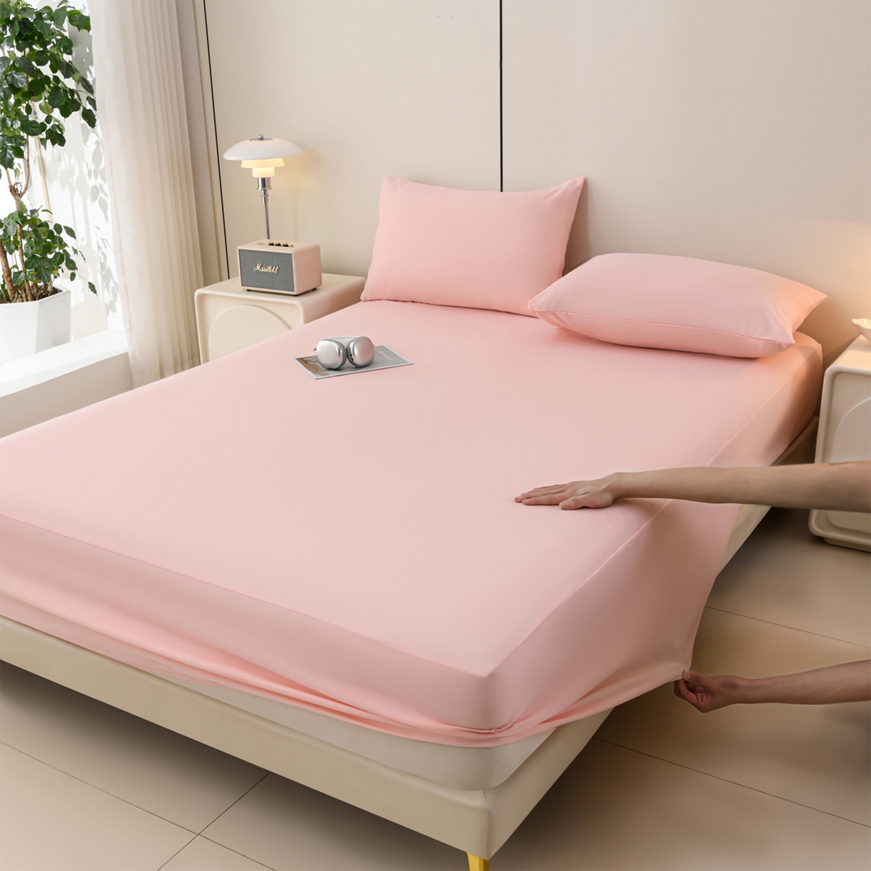 91家纺网 家纺一手货源 找家纺 预言家纺 2026新款水洗冰丝床笠款夏被四件套空调被跨境外贸床笠款 慕斯粉