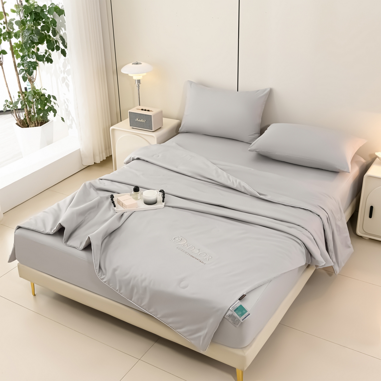 91家纺网 家纺一手货源 找家纺 预言家纺 2026新款水洗冰丝床笠款夏被四件套空调被跨境外贸床笠款 慕斯银灰