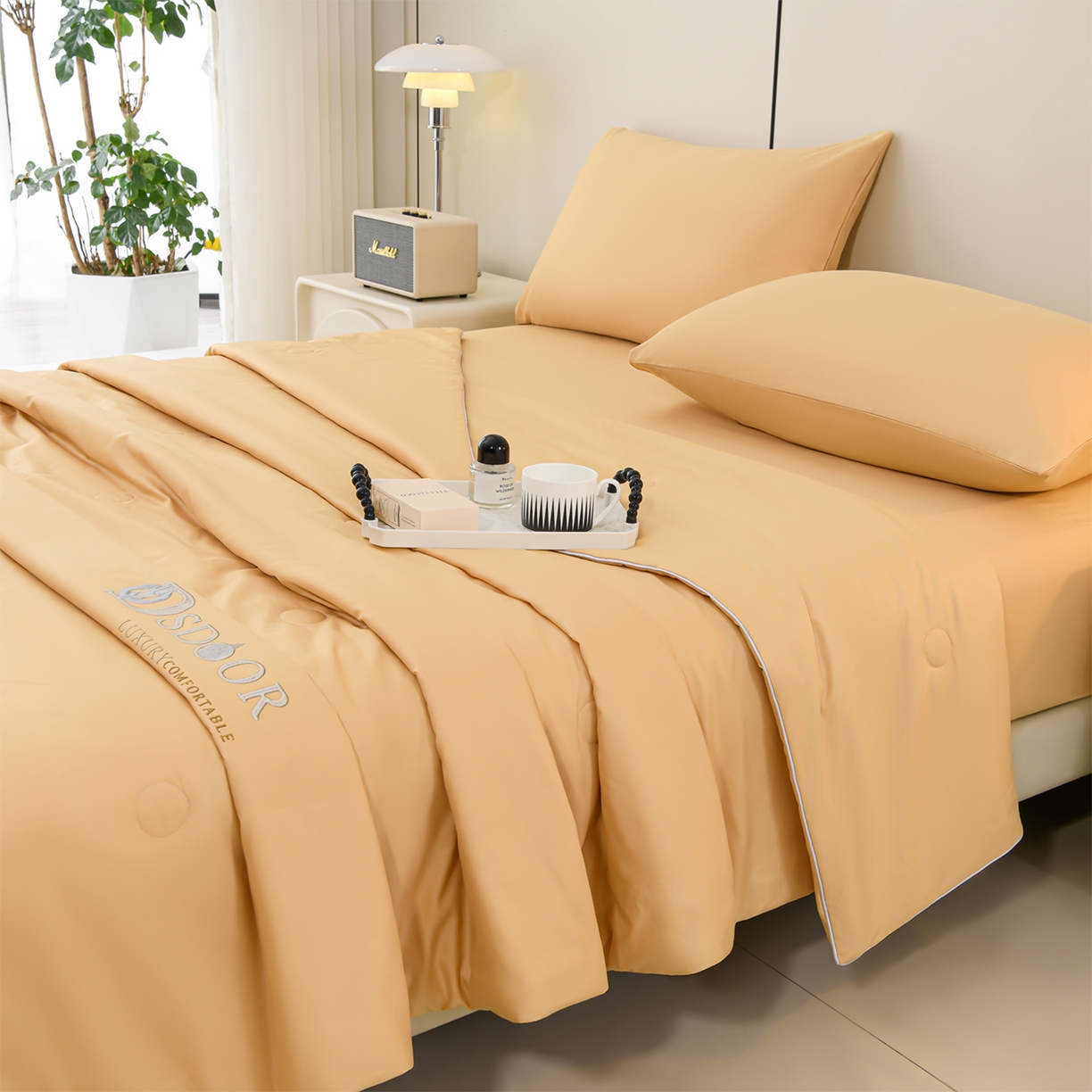 预言家纺 2026新款水洗冰丝床笠款夏被四件套空调被跨境外贸床笠款 慕斯咖