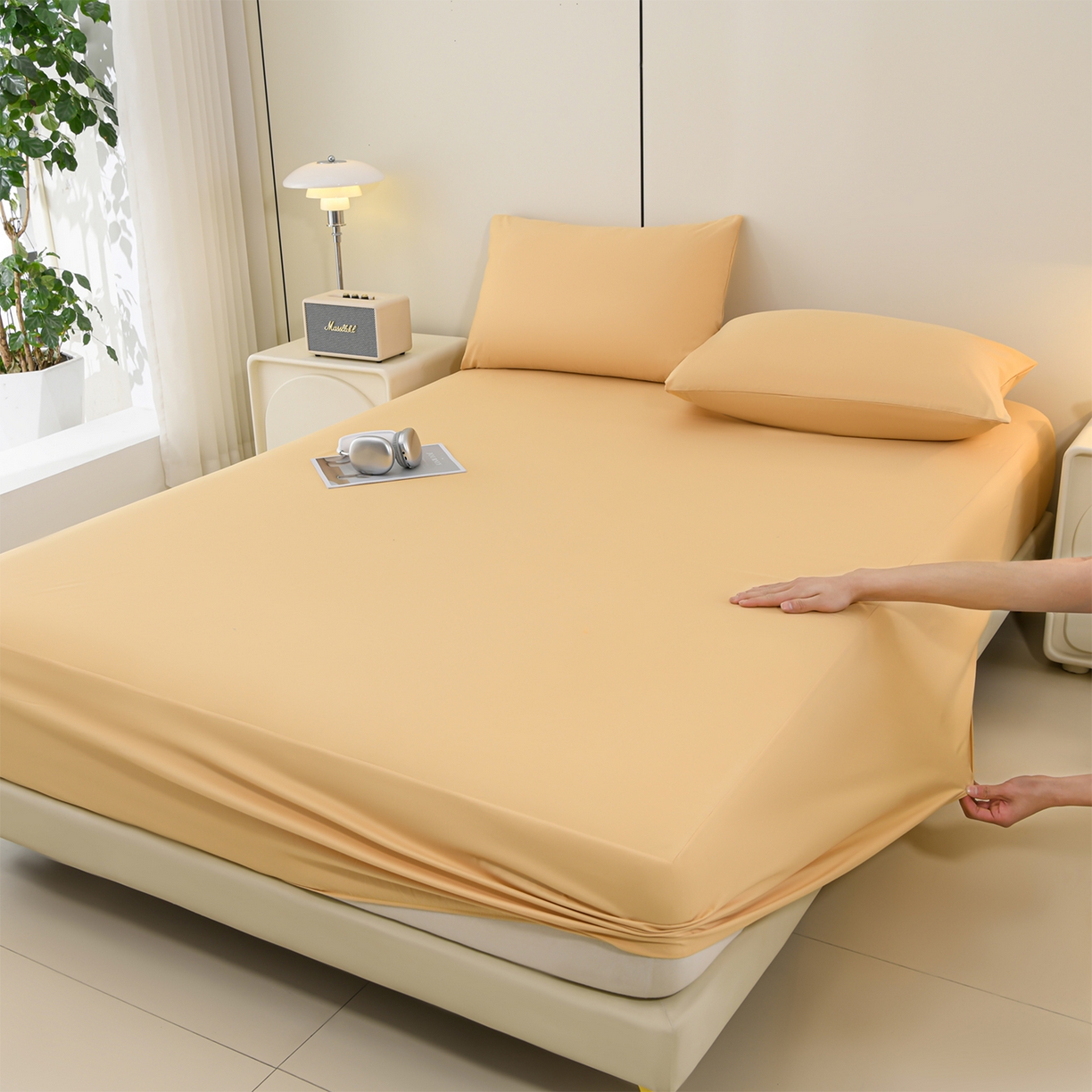 91家纺网 家纺一手货源 找家纺 预言家纺 2026新款水洗冰丝床笠款夏被四件套空调被跨境外贸床笠款 慕斯咖