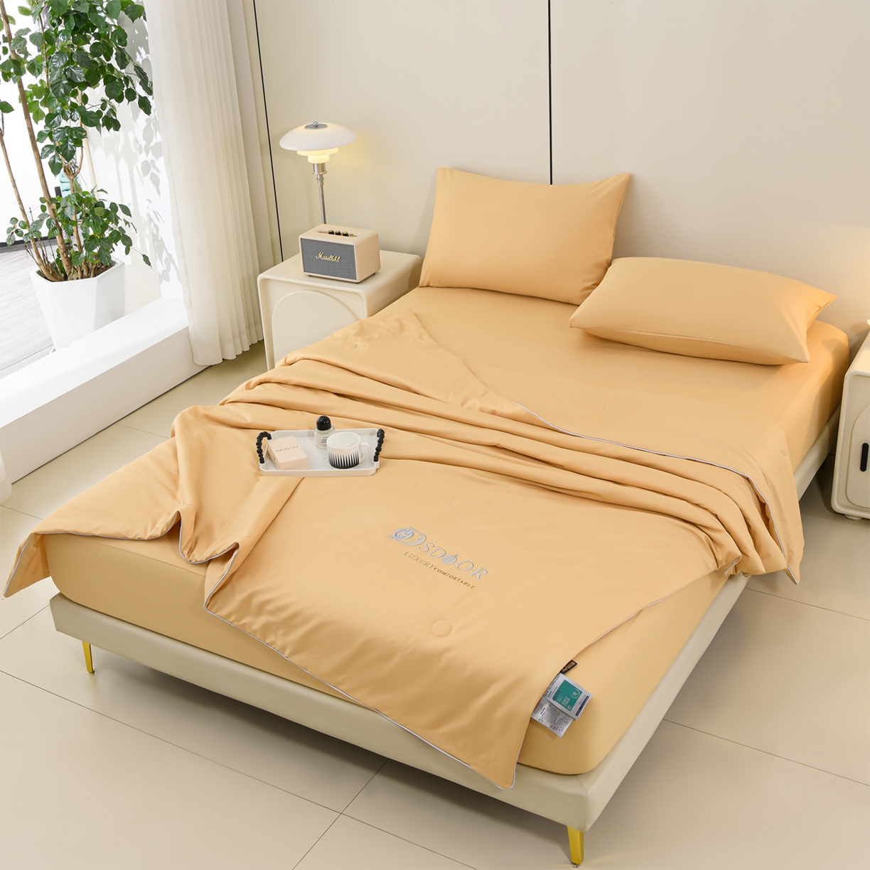 91家纺网 家纺一手货源 找家纺 预言家纺 2026新款水洗冰丝床笠款夏被四件套空调被跨境外贸床笠款 慕斯咖