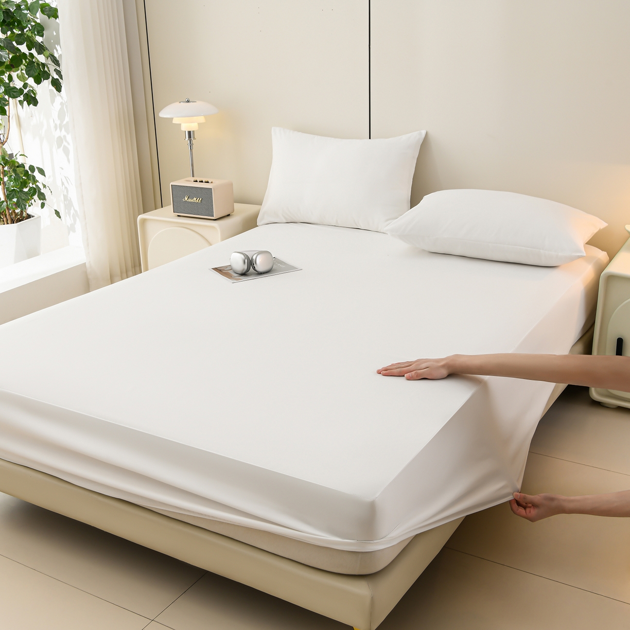 91家纺网 家纺一手货源 找家纺 预言家纺 2026新款水洗冰丝床笠款夏被四件套空调被跨境外贸床笠款 慕斯珍珠白