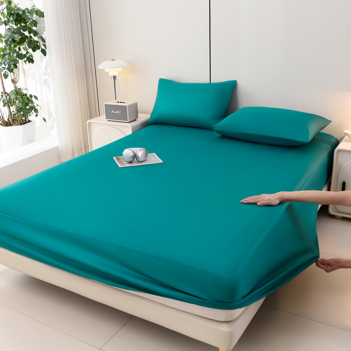 91家纺网 家纺一手货源 找家纺 预言家纺 2026新款水洗冰丝床笠款夏被四件套空调被跨境外贸床笠款 慕斯深兰