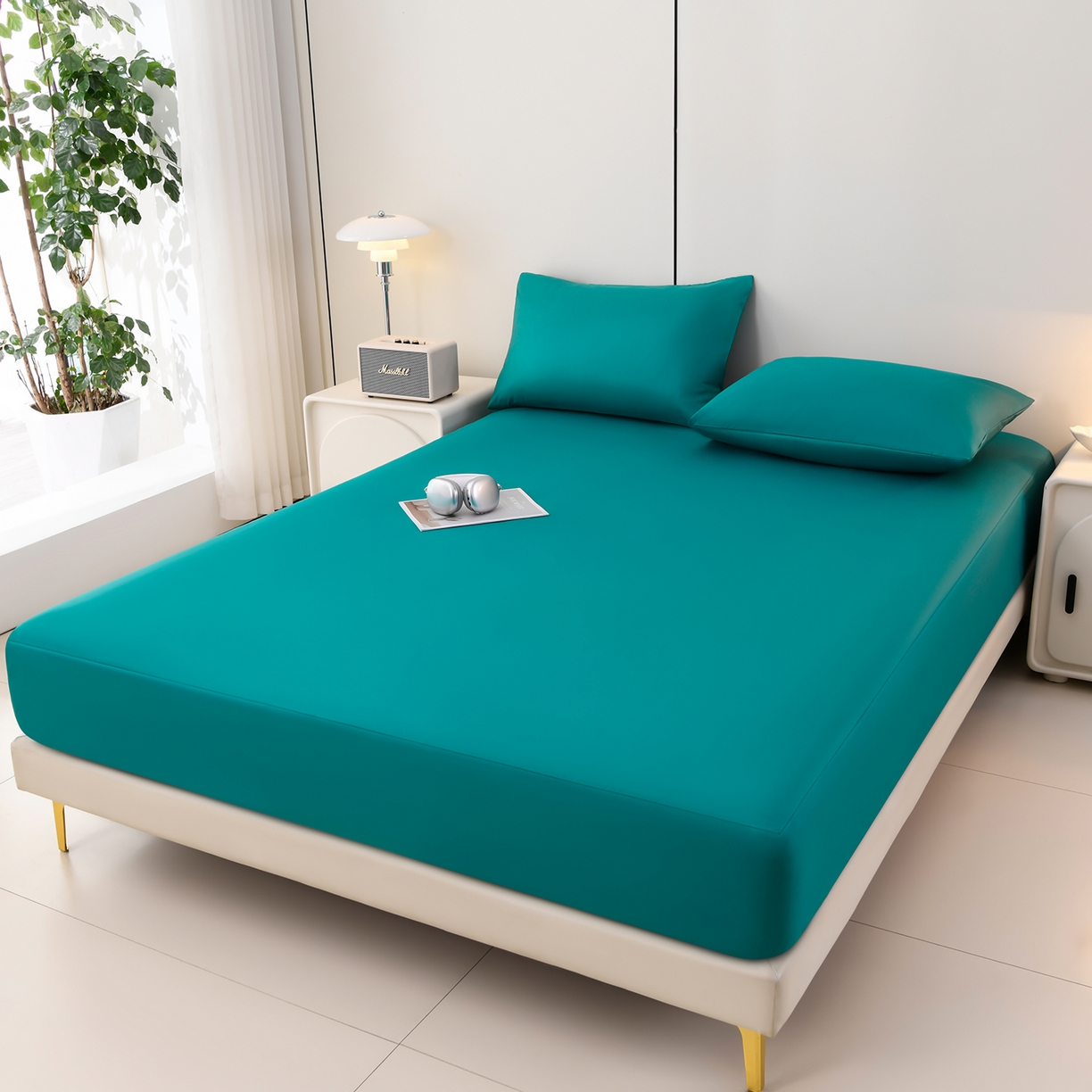 91家纺网 家纺一手货源 找家纺 预言家纺 2026新款水洗冰丝床笠款夏被四件套空调被跨境外贸床笠款 慕斯深兰