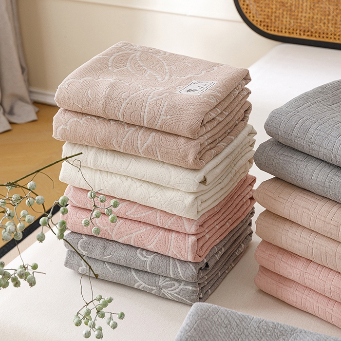 91家纺网 家纺一手货源 找家纺 （总）悦然毛巾被 2026新款素色提花全棉三层纱盖毯毛巾被A类休闲毯