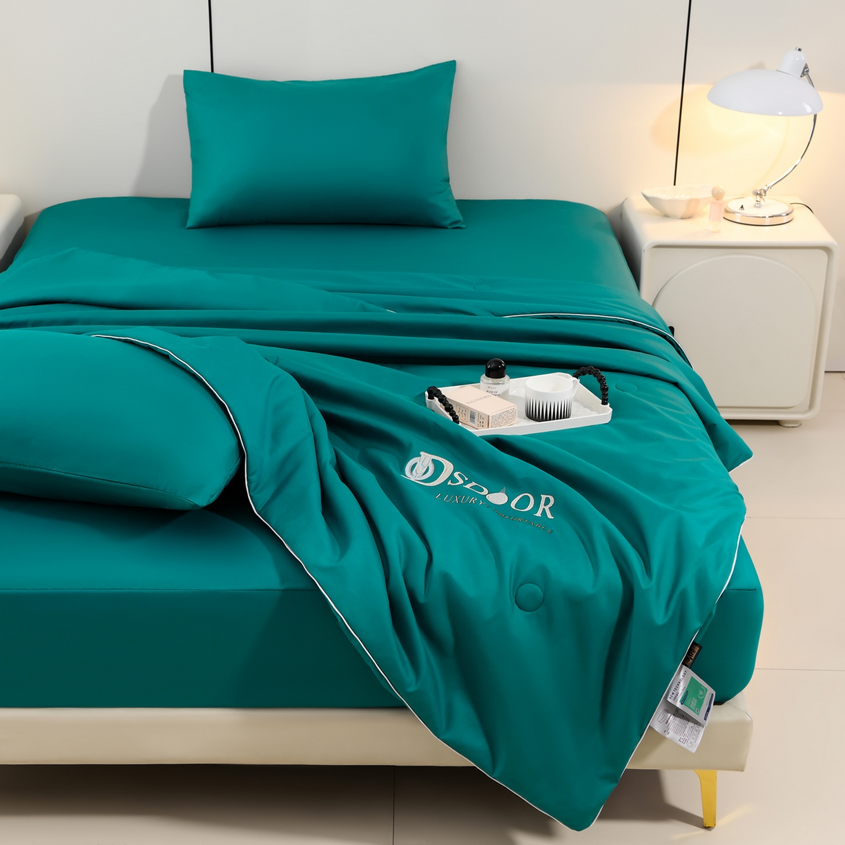 91家纺网 家纺一手货源 找家纺 预言家纺 2026新款水洗冰丝床笠款夏被四件套空调被跨境外贸床笠款 慕斯深兰