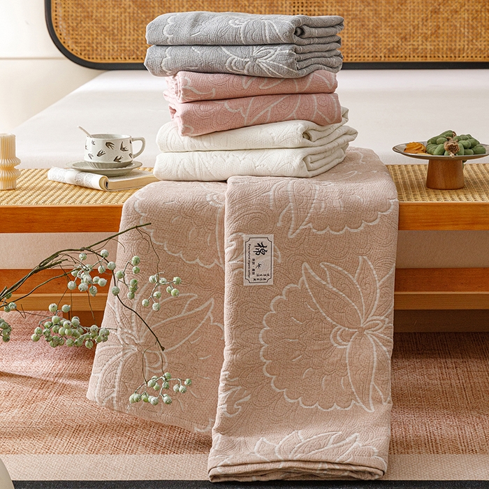 91家纺网 家纺一手货源 找家纺 （总）悦然毛巾被 2026新款素色提花全棉三层纱盖毯毛巾被A类休闲毯