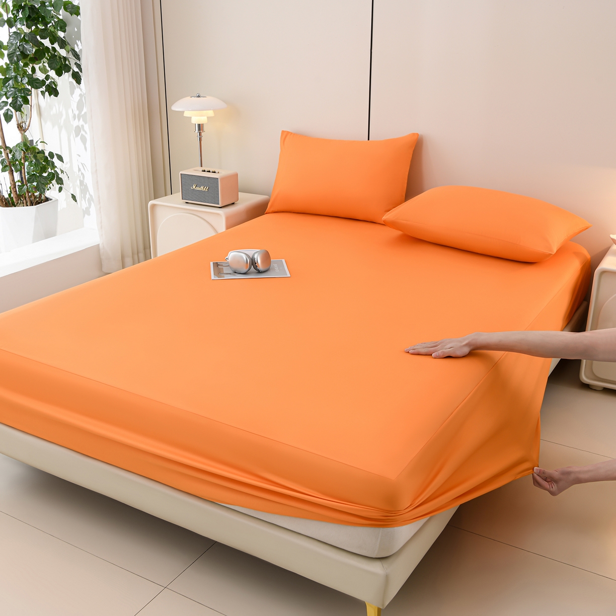 91家纺网 家纺一手货源 找家纺 预言家纺 2026新款水洗冰丝床笠款夏被四件套空调被跨境外贸床笠款 慕斯橙