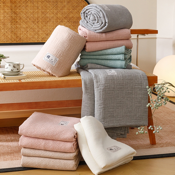 91家纺网 家纺一手货源 找家纺 （总）悦然毛巾被 2026新款素色提花全棉三层纱盖毯毛巾被A类休闲毯