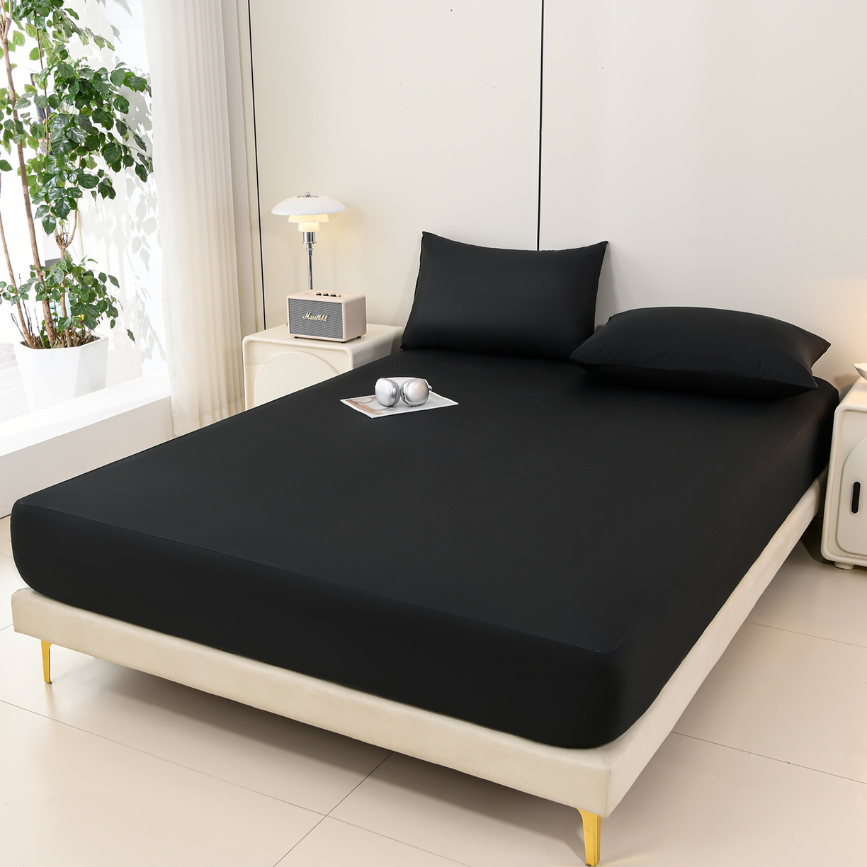 91家纺网 家纺一手货源 找家纺 预言家纺 2026新款水洗冰丝床笠款夏被四件套空调被跨境外贸床笠款 慕斯黑