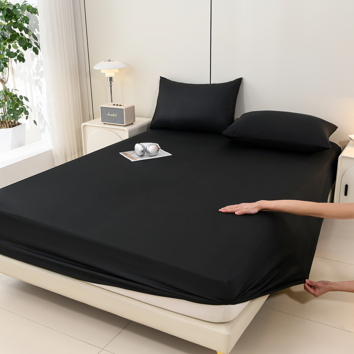 91家纺网 家纺一手货源 找家纺 预言家纺 2026新款水洗冰丝床笠款夏被四件套空调被跨境外贸床笠款 慕斯黑