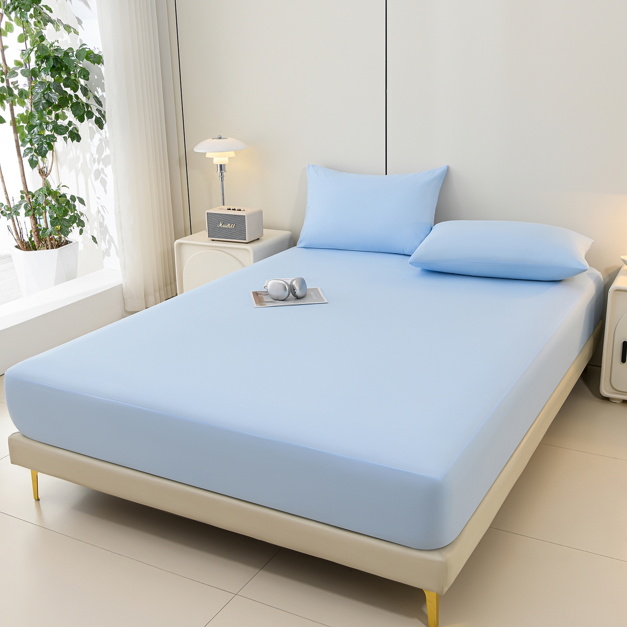 91家纺网 家纺一手货源 找家纺 预言家纺 2026新款水洗冰丝床笠款夏被四件套空调被跨境外贸床笠款 慕斯星空蓝