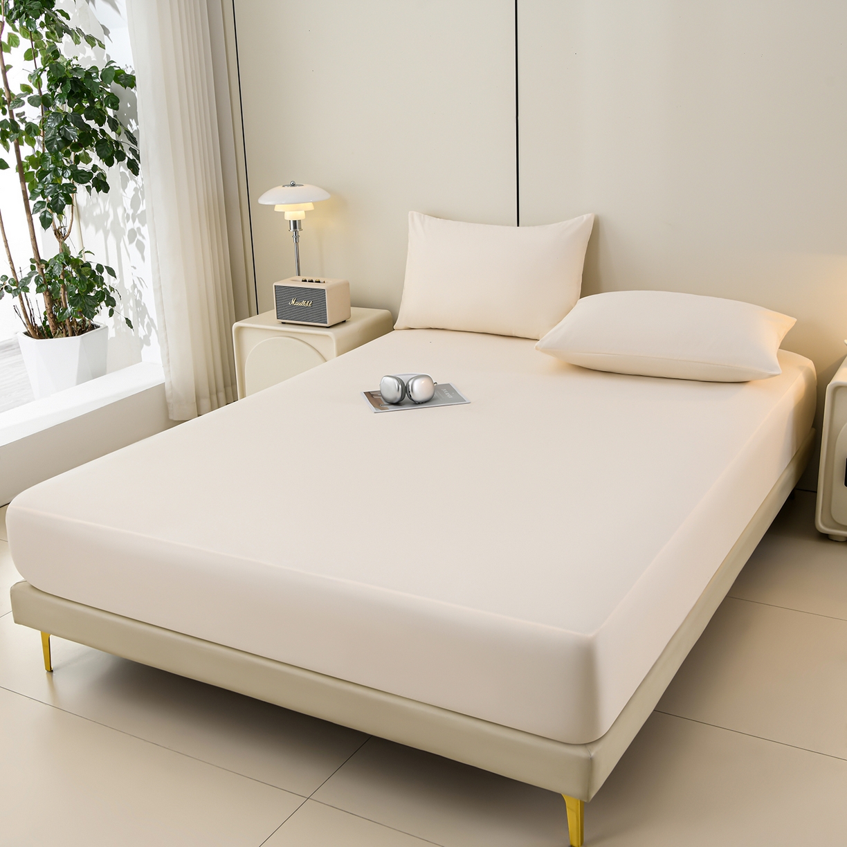 91家纺网 家纺一手货源 找家纺 预言家纺 2026新款水洗冰丝床笠款夏被四件套空调被跨境外贸床笠款 慕斯米白