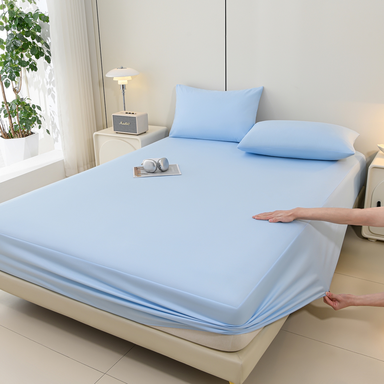 91家纺网 家纺一手货源 找家纺 预言家纺 2026新款水洗冰丝床笠款夏被四件套空调被跨境外贸床笠款 慕斯星空蓝