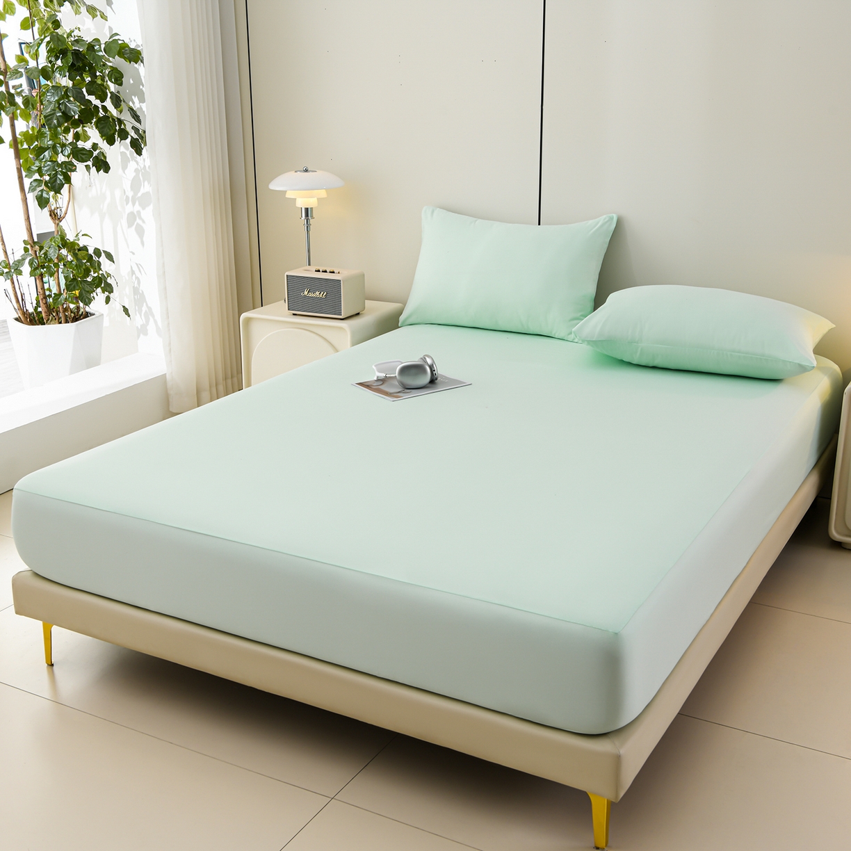 91家纺网 家纺一手货源 找家纺 预言家纺 2026新款水洗冰丝床笠款夏被四件套空调被跨境外贸床笠款 慕斯水绿