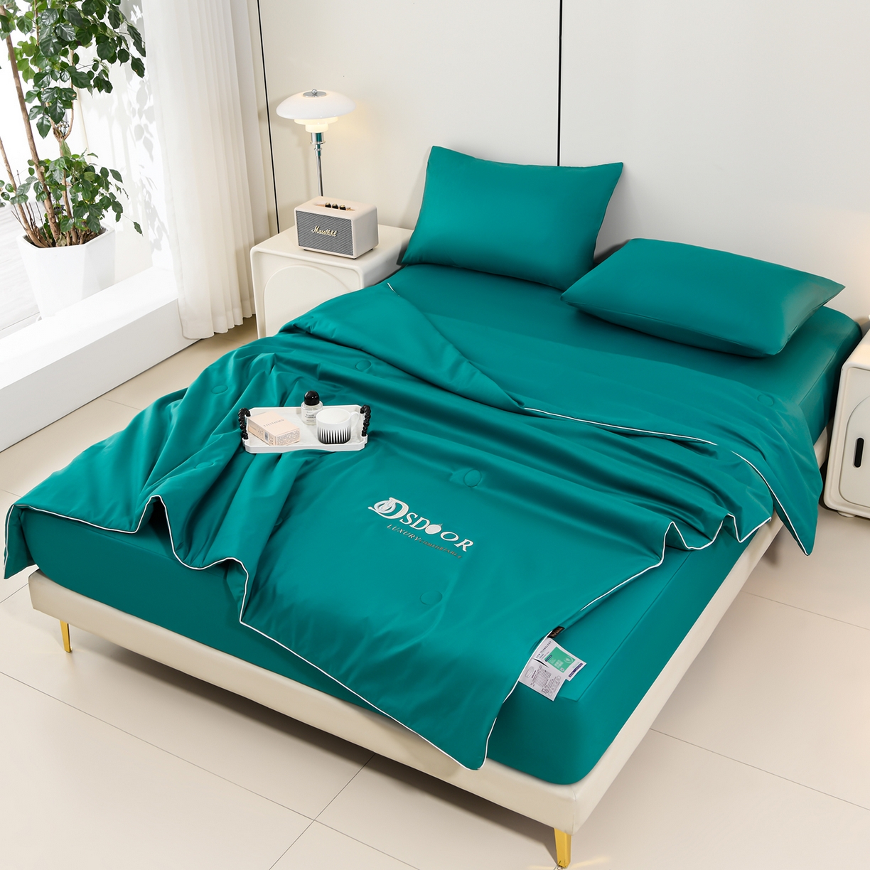 91家纺网 家纺一手货源 找家纺 预言家纺 2026新款水洗冰丝床笠款夏被四件套空调被跨境外贸床笠款 慕斯深兰