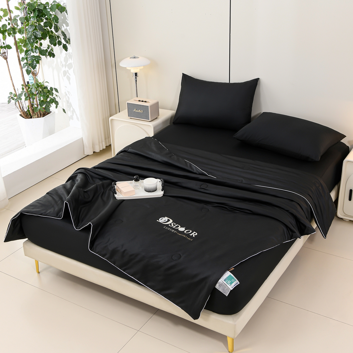 91家纺网 家纺一手货源 找家纺 预言家纺 2026新款水洗冰丝床笠款夏被四件套空调被跨境外贸床笠款 慕斯黑