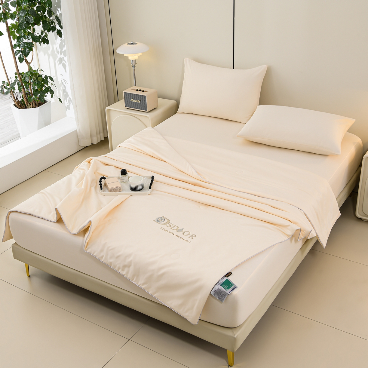 91家纺网 家纺一手货源 找家纺 预言家纺 2026新款水洗冰丝床笠款夏被四件套空调被跨境外贸床笠款 慕斯米白