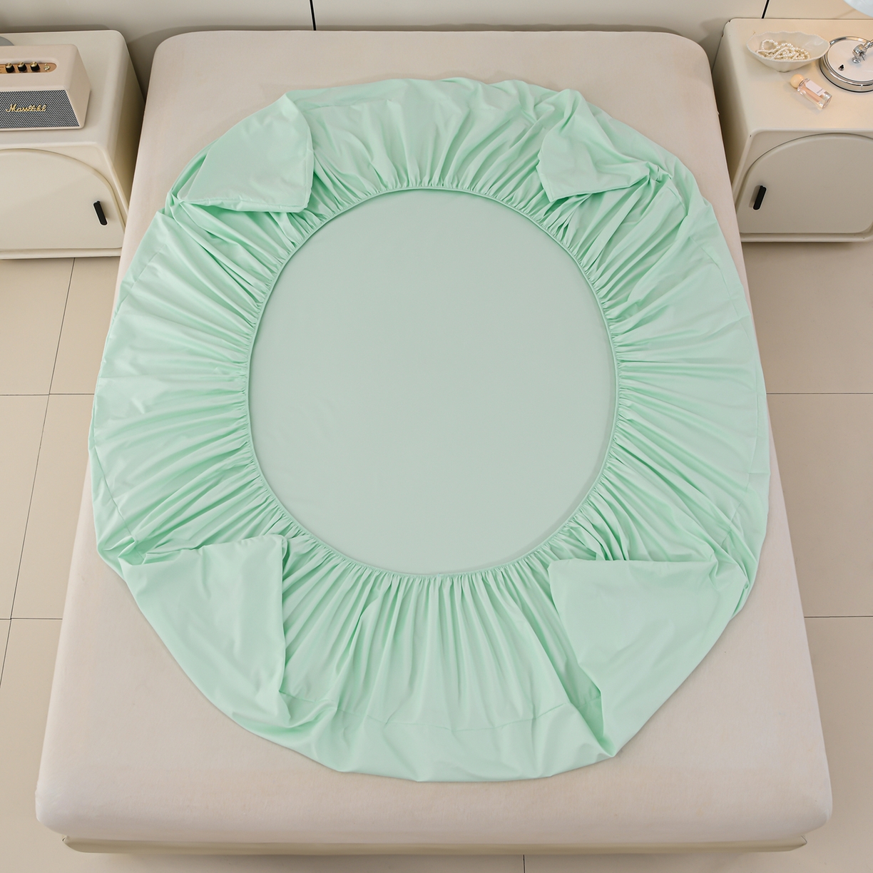 91家纺网 家纺一手货源 找家纺 预言家纺 2026新款水洗冰丝床笠款夏被四件套空调被跨境外贸床笠款 慕斯水绿